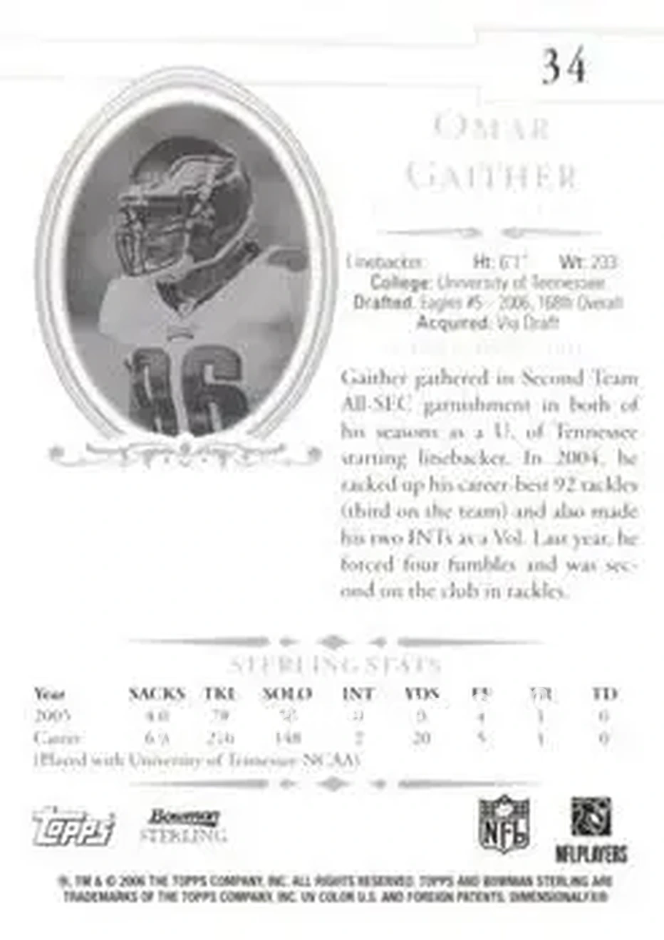 2006 Bowman Sterling #34 - Omar Gaither - Philadelphia Eagles - Back