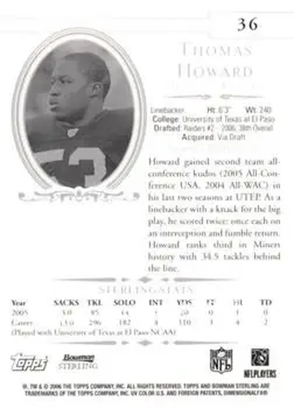 2006 Bowman Sterling #36 - Thomas Howard - Oakland Raiders - Back