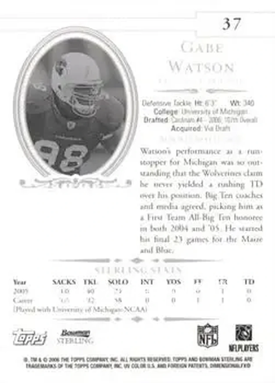 2006 Bowman Sterling #37 - Gabe Watson - Arizona Cardinals - Back