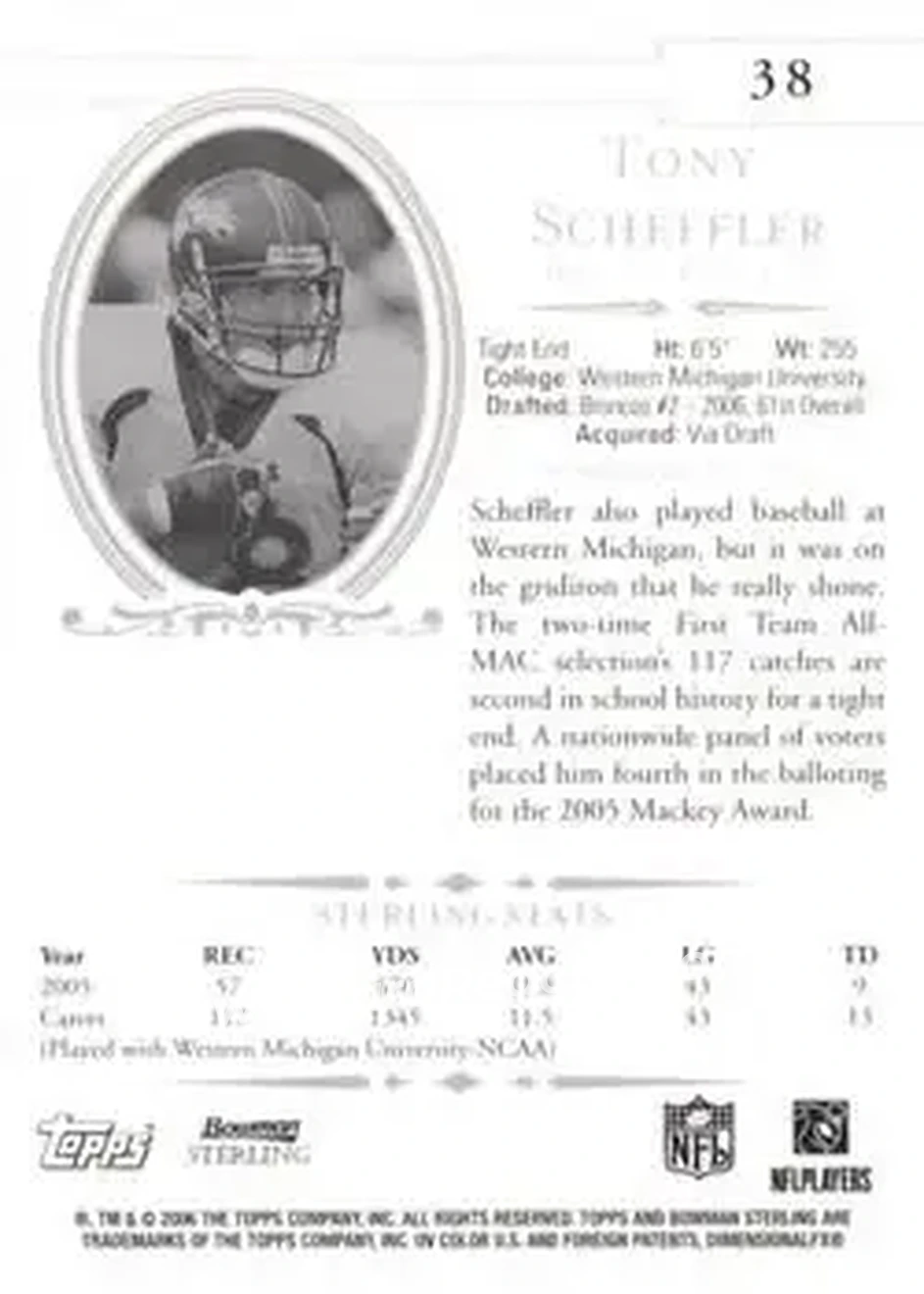 2006 Bowman Sterling #38 - Tony Scheffler - Denver Broncos - Back