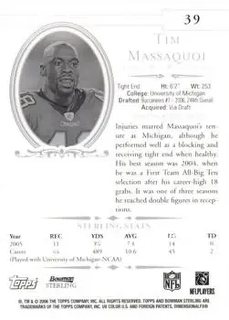 2006 Bowman Sterling #39 - Tim Massaquoi - Tampa Bay Buccaneers - Back