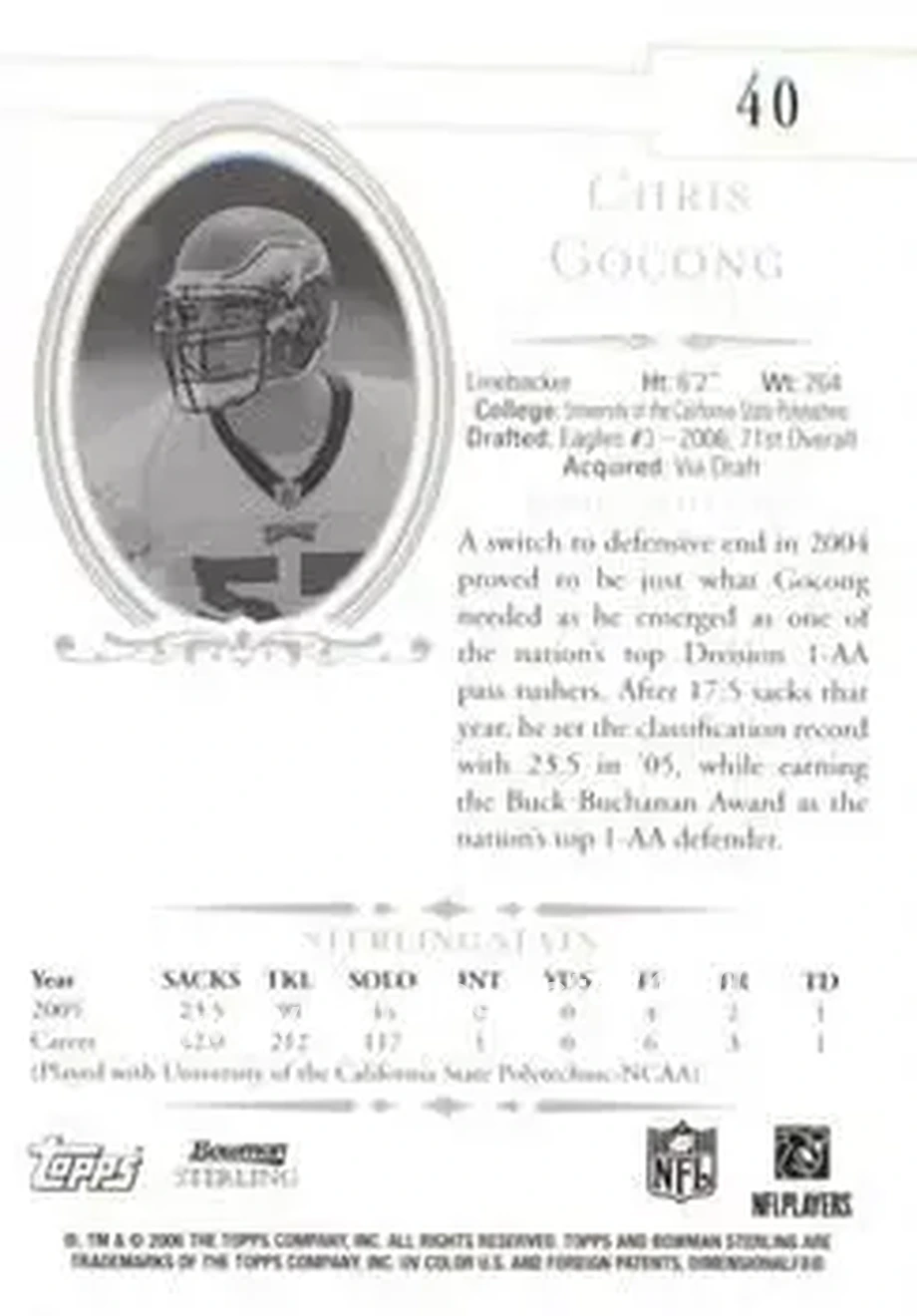 2006 Bowman Sterling #40 - Chris Gocong - Philadelphia Eagles - Back