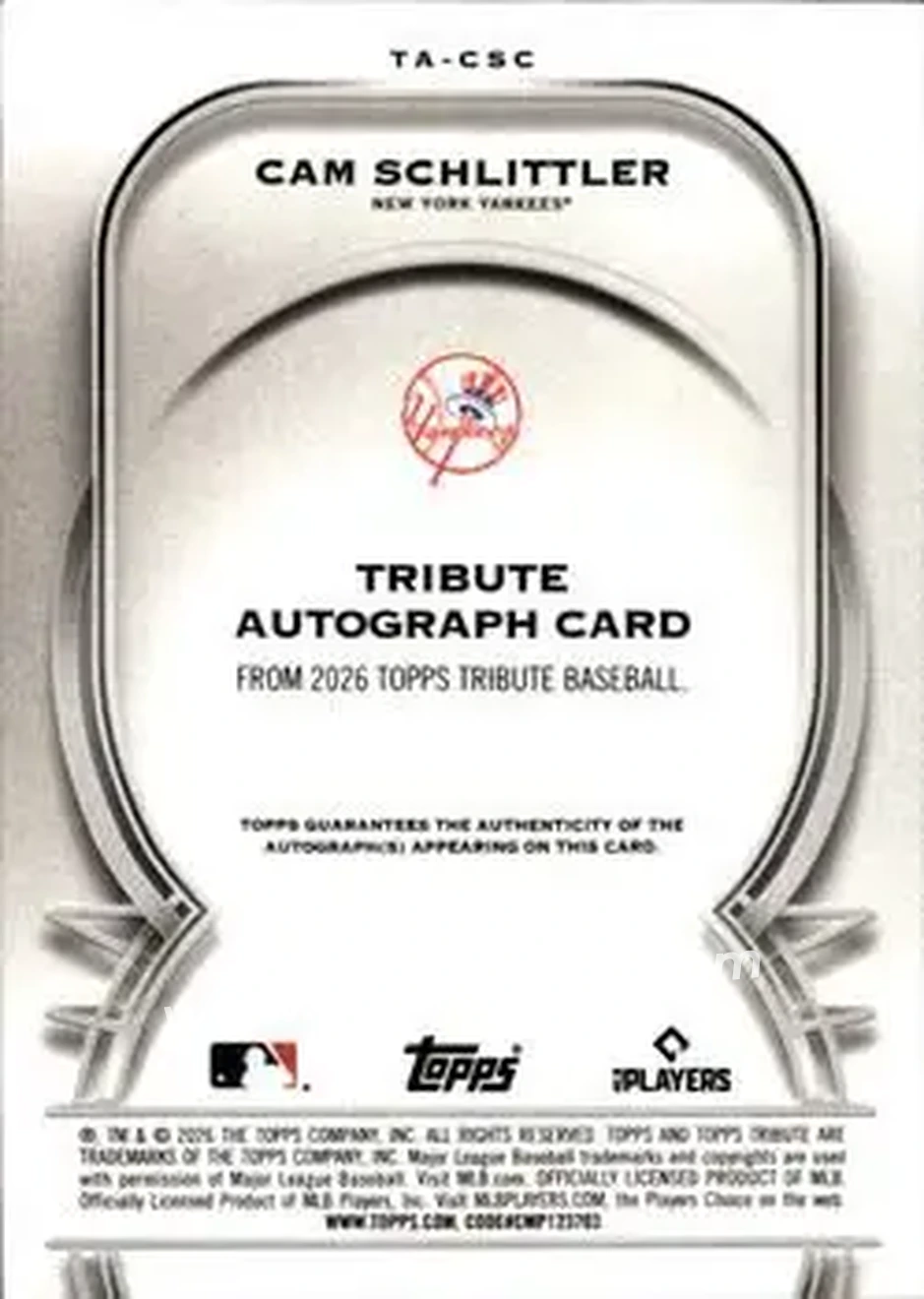 2026 Topps Tribute - Tribute Autographs Red #TA-CSC - Cam Schlittler - New York Yankees - Back