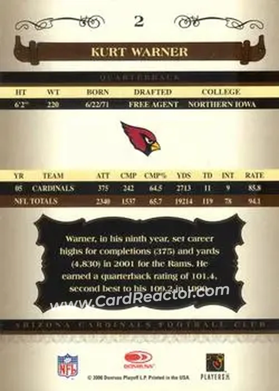 2006 Donruss Classics #2 - Kurt Warner - Arizona Cardinals - Back 2006 Donruss Classics #2 - Kurt Warner - Arizona Cardinals - Back