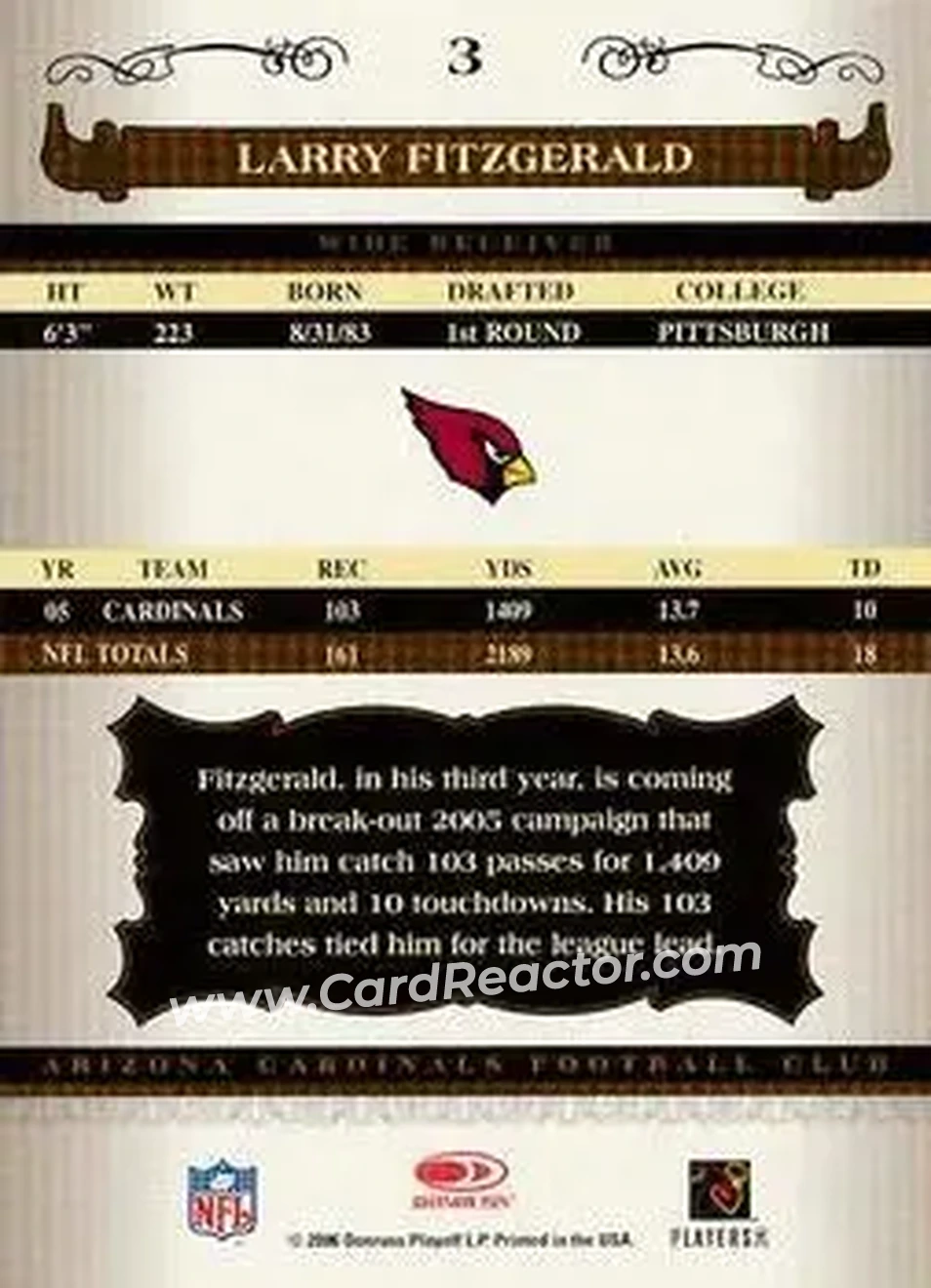 2006 Donruss Classics #3 - Larry Fitzgerald - Arizona Cardinals - Back