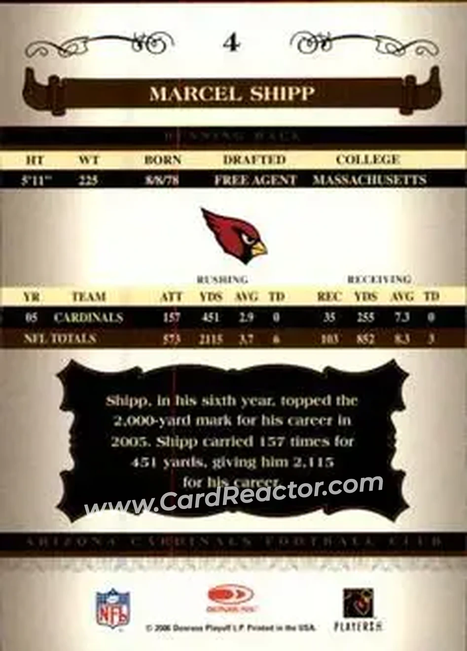 2006 Donruss Classics #4 - Marcel Shipp - Arizona Cardinals - Back