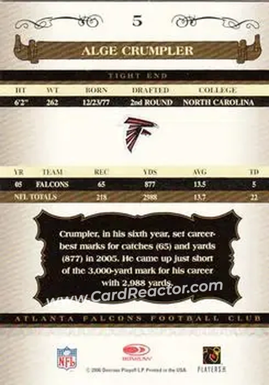 2006 Donruss Classics #5 - Alge Crumpler - Atlanta Falcons - Back