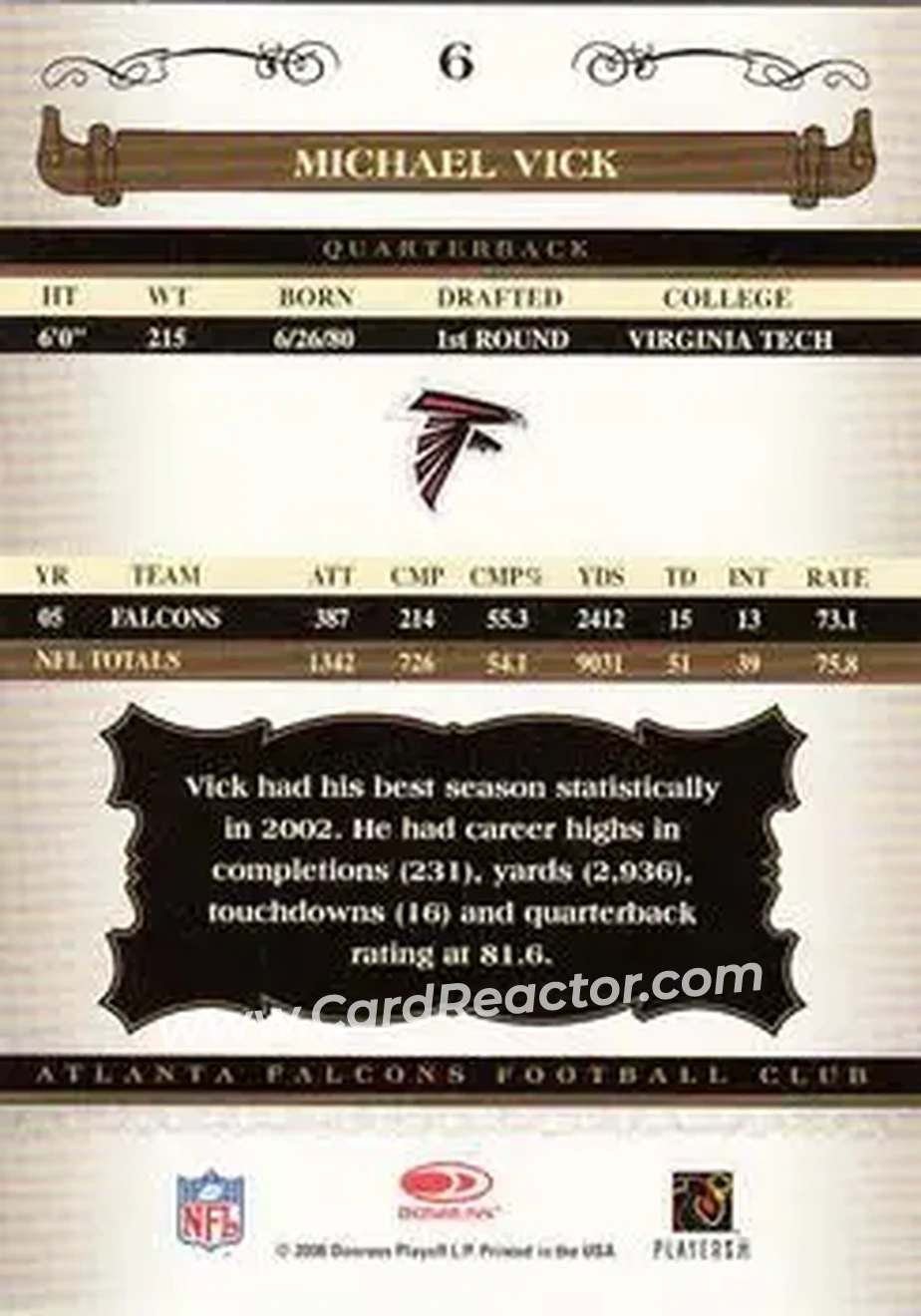 2006 Donruss Classics #6 - Michael Vick - Atlanta Falcons - Back