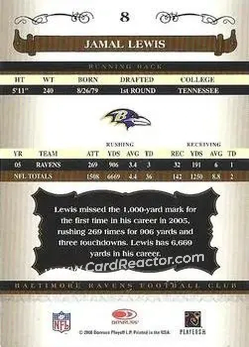 2006 Donruss Classics #8 - Jamal Lewis - Baltimore Ravens - Back