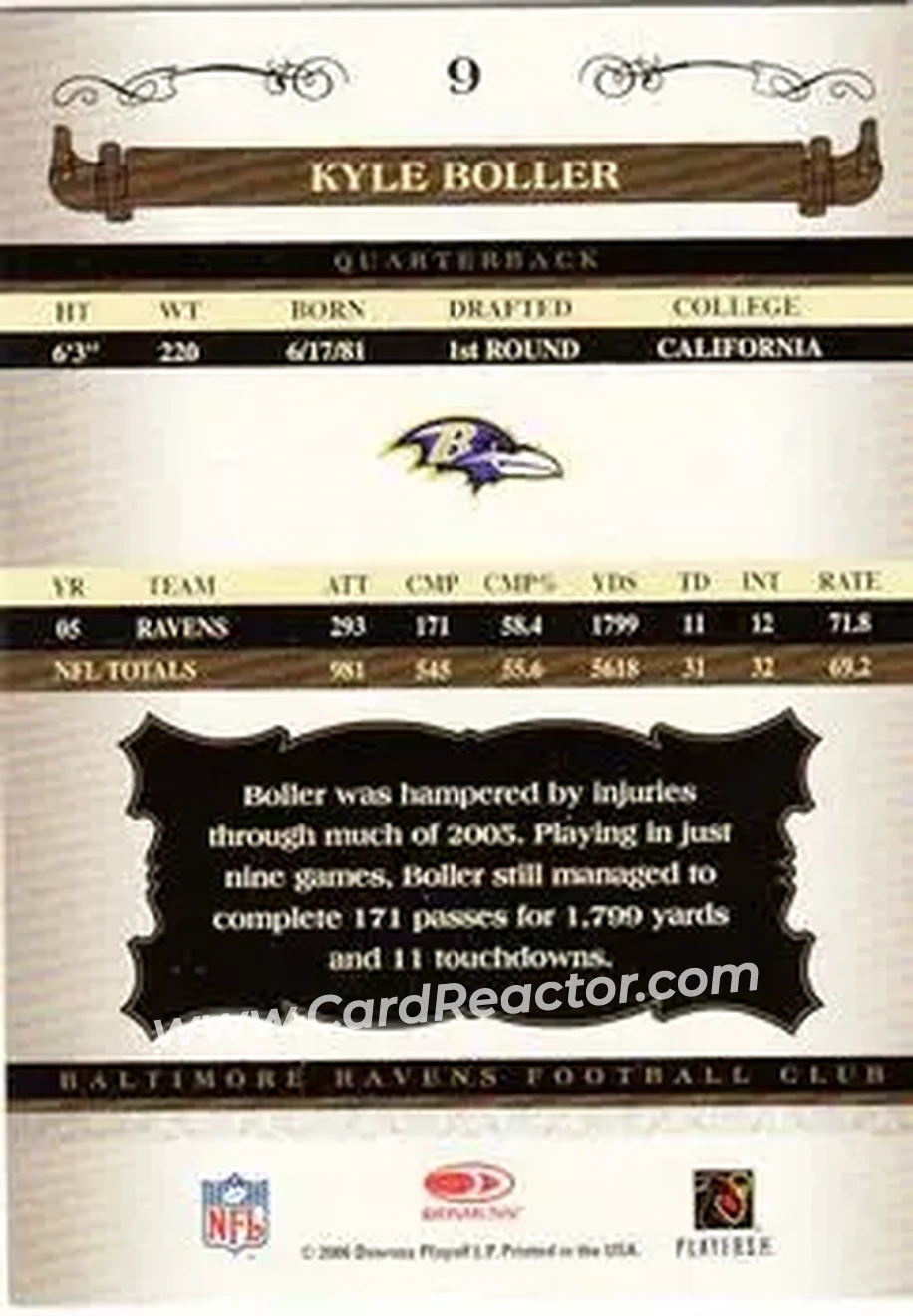 2006 Donruss Classics #9 - Kyle Boller - Baltimore Ravens - Back