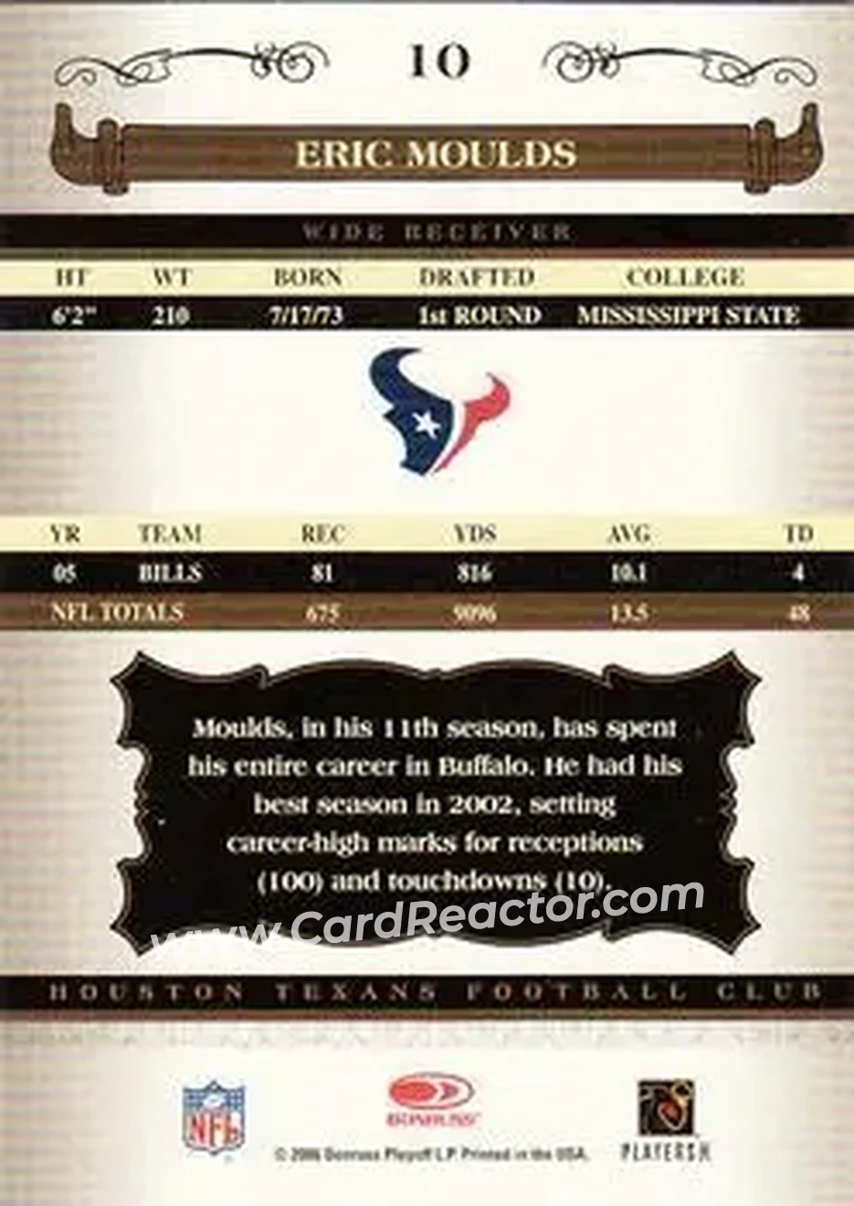 2006 Donruss Classics #10 - Eric Moulds - Houston Texans - Back