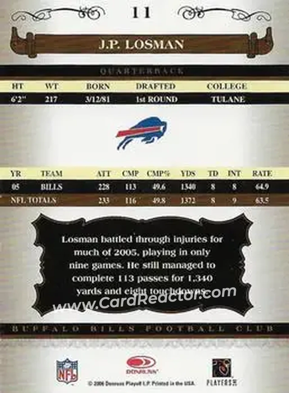 2006 Donruss Classics #11 - J.P. Losman - Buffalo Bills - Back