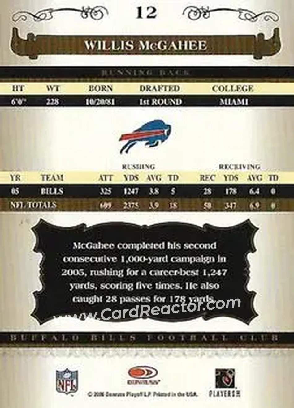 2006 Donruss Classics #12 - Willis McGahee - Buffalo Bills - Back