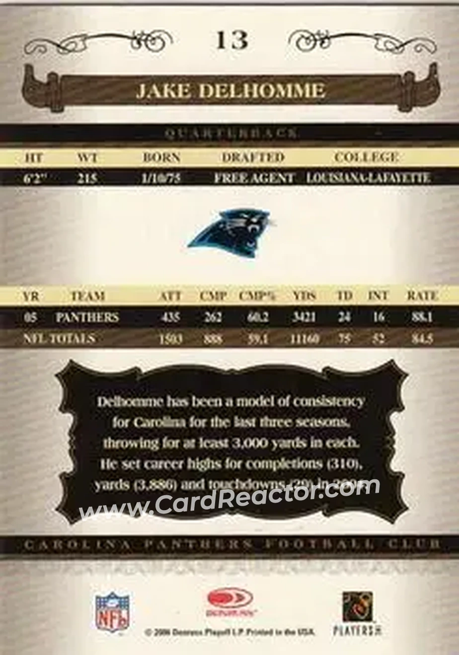 2006 Donruss Classics #13 - Jake Delhomme - Carolina Panthers - Back