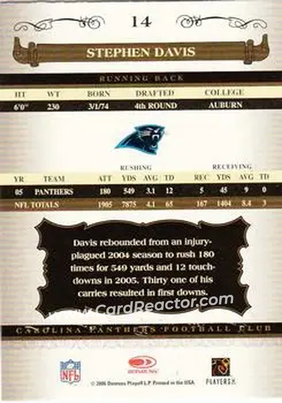 2006 Donruss Classics #14 - Stephen Davis - Carolina Panthers - Back