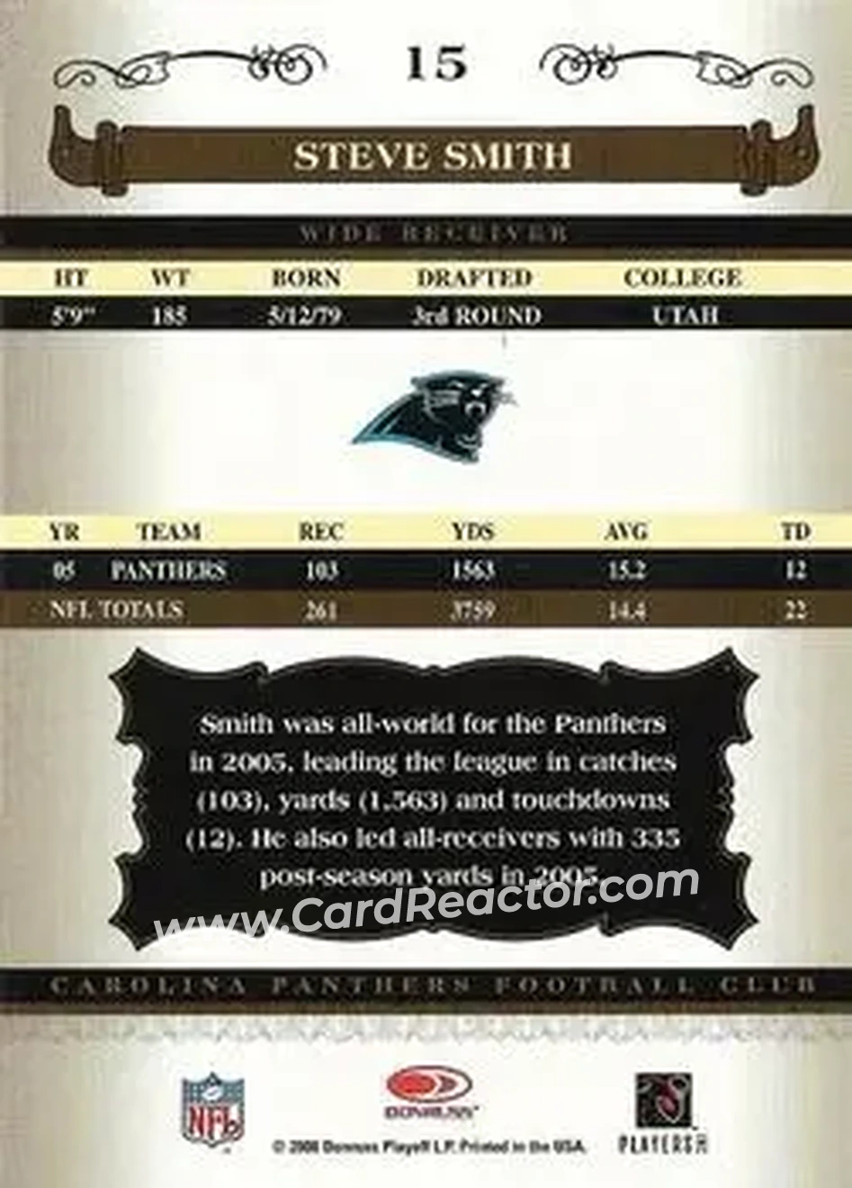 2006 Donruss Classics #15 - Steve Smith Sr. - Carolina Panthers - Back