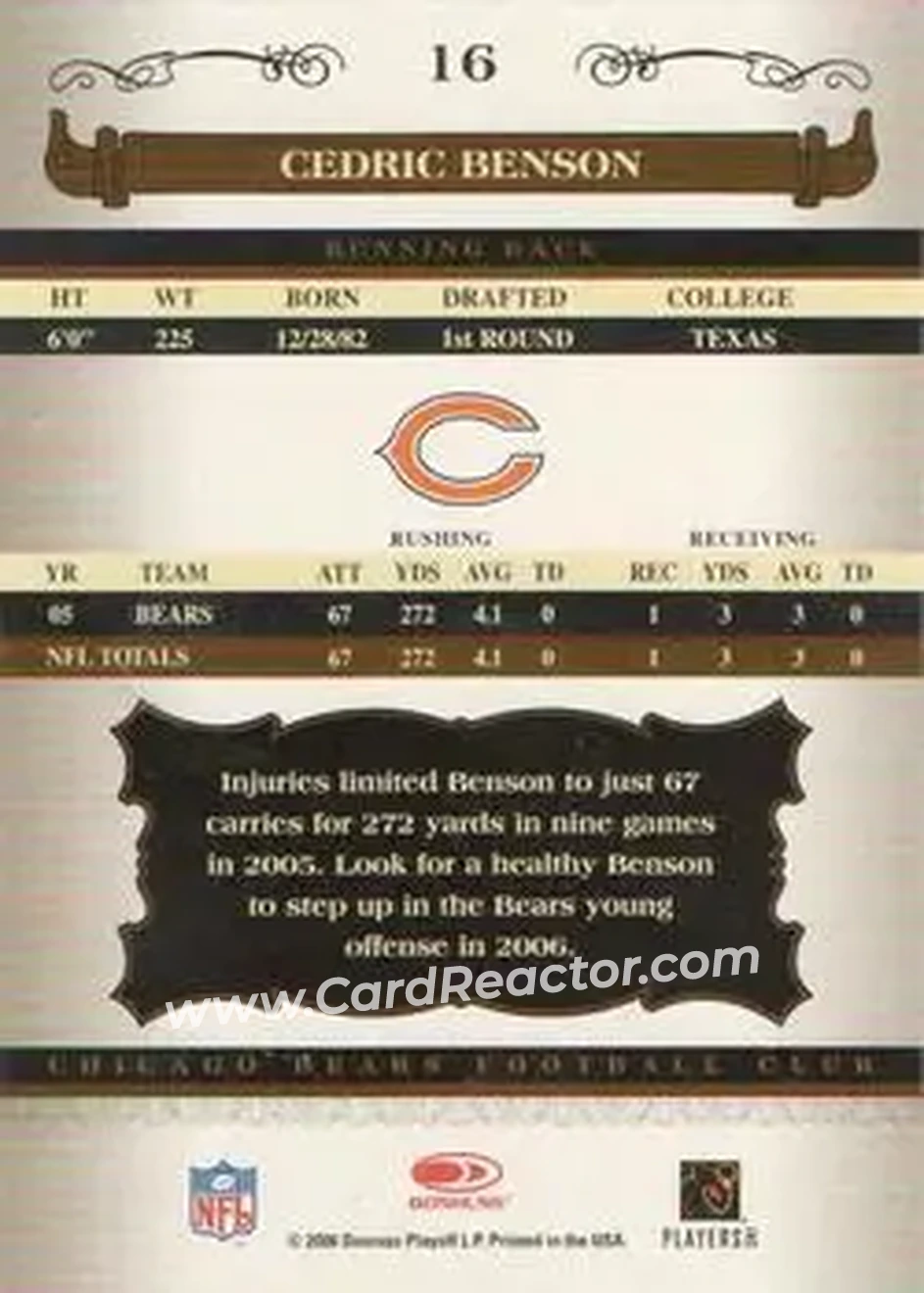 2006 Donruss Classics #16 - Cedric Benson - Chicago Bears - Back