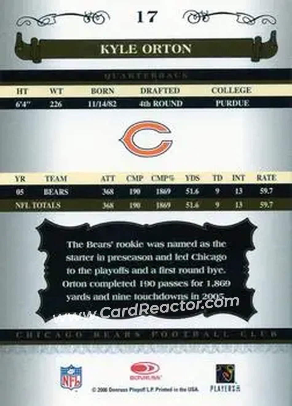 2006 Donruss Classics #17 - Kyle Orton - Chicago Bears - Back