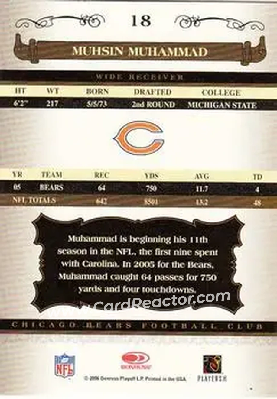 2006 Donruss Classics #18 - Muhsin Muhammad - Chicago Bears - Back