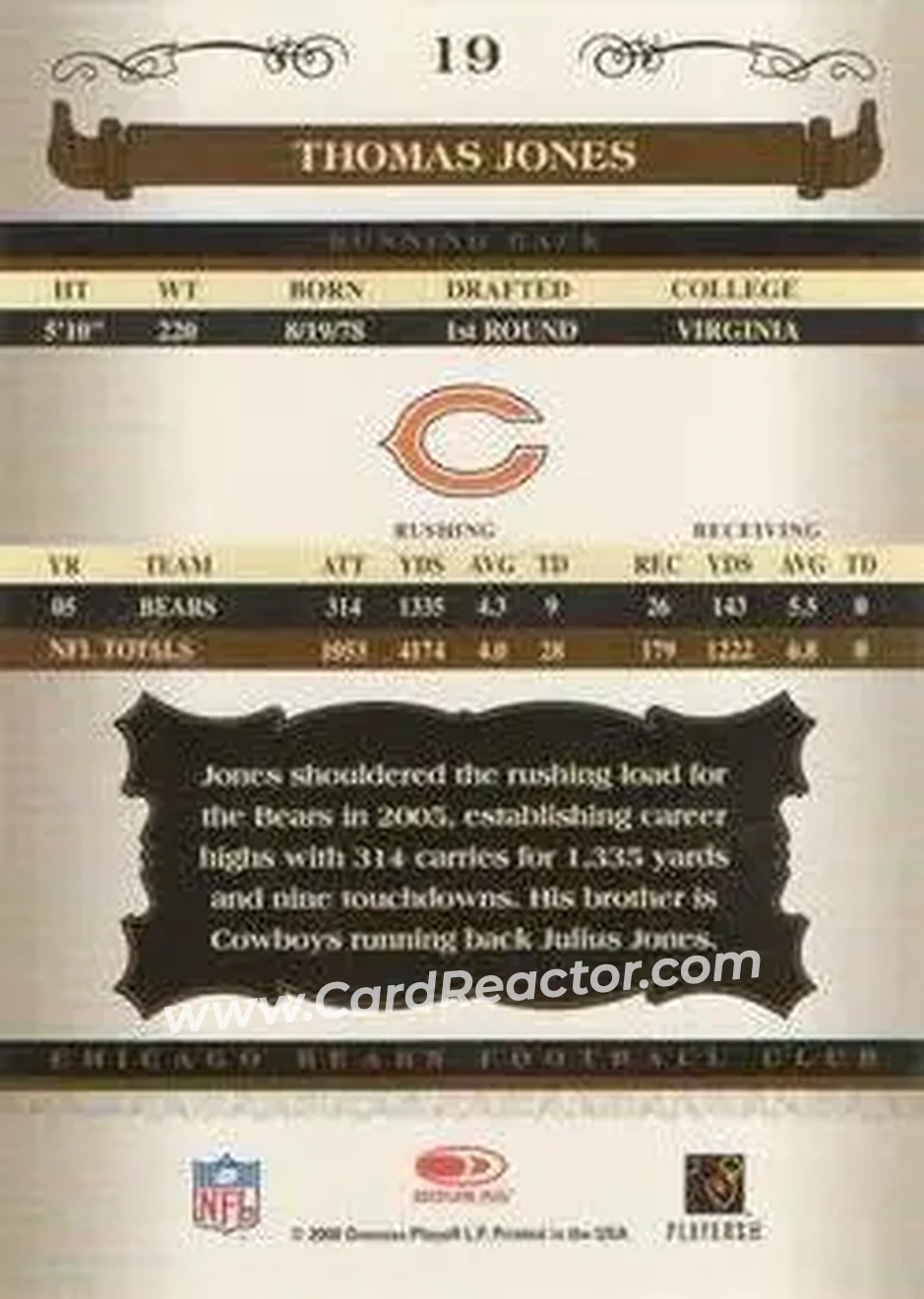 2006 Donruss Classics #19 - Thomas Jones - Chicago Bears - Back