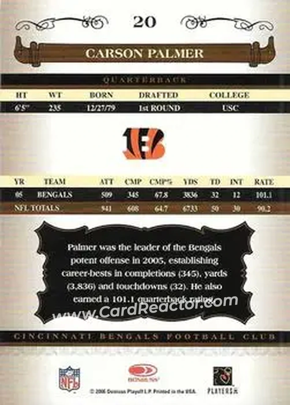 2006 Donruss Classics #20 - Carson Palmer - Cincinnati Bengals - Back