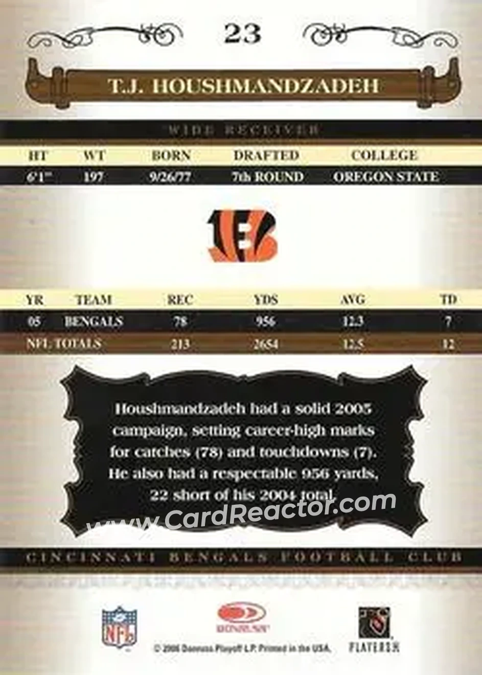 2006 Donruss Classics #23 - T.J. Houshmandzadeh - Cincinnati Bengals - Back