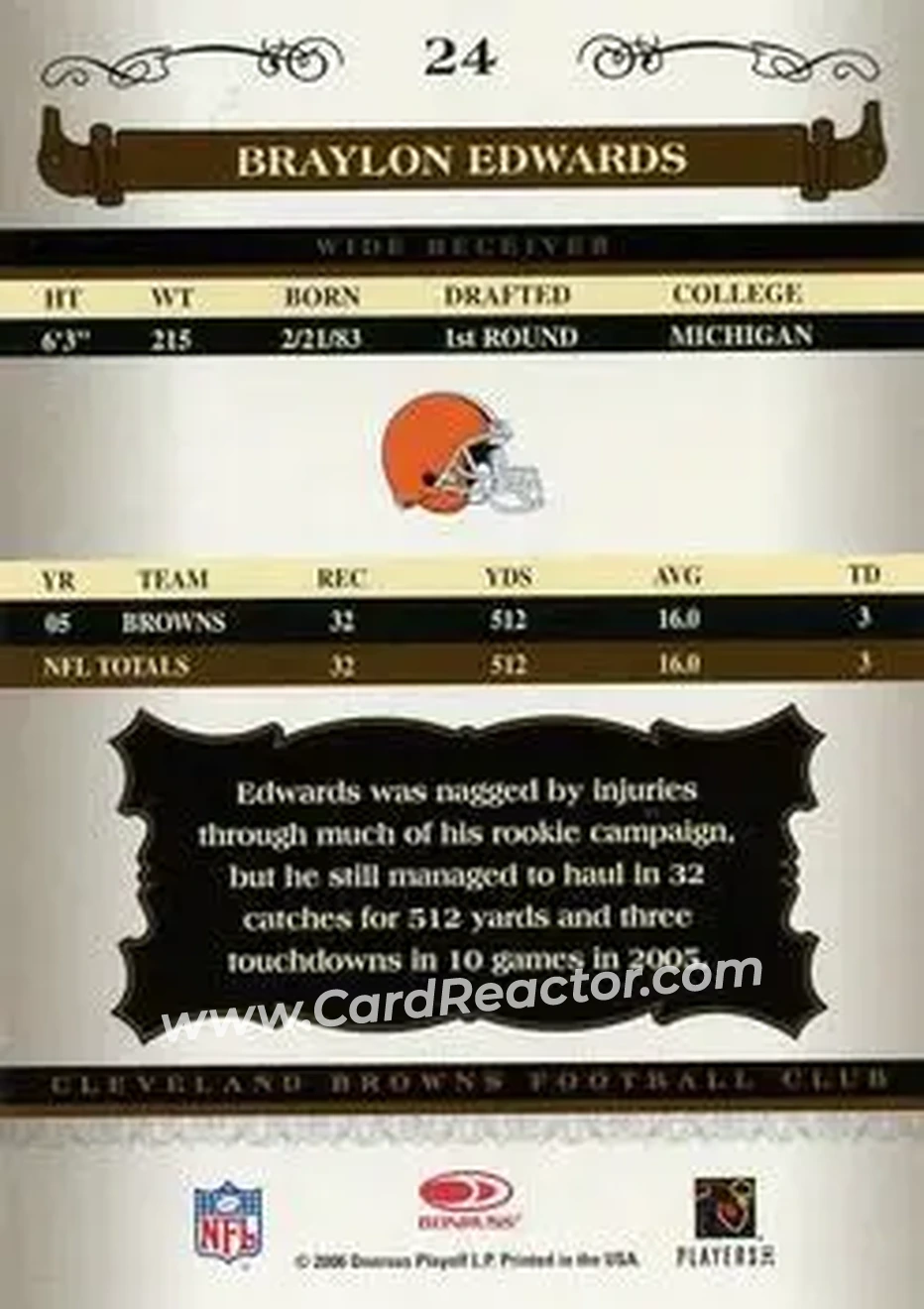 2006 Donruss Classics #24 - Braylon Edwards - Cleveland Browns - Back