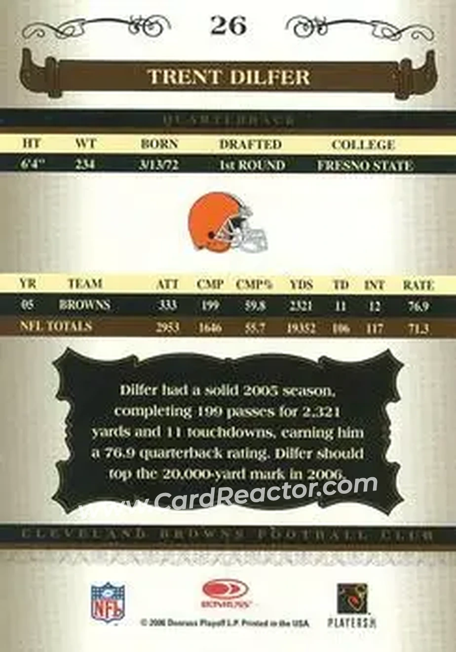 2006 Donruss Classics #26 - Trent Dilfer - Cleveland Browns - Back