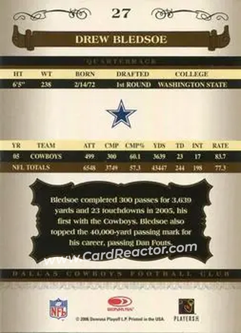 2006 Donruss Classics #27 - Drew Bledsoe - Dallas Cowboys - Back