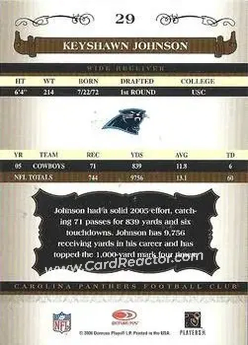 2006 Donruss Classics #29 - Keyshawn Johnson - Carolina Panthers - Back