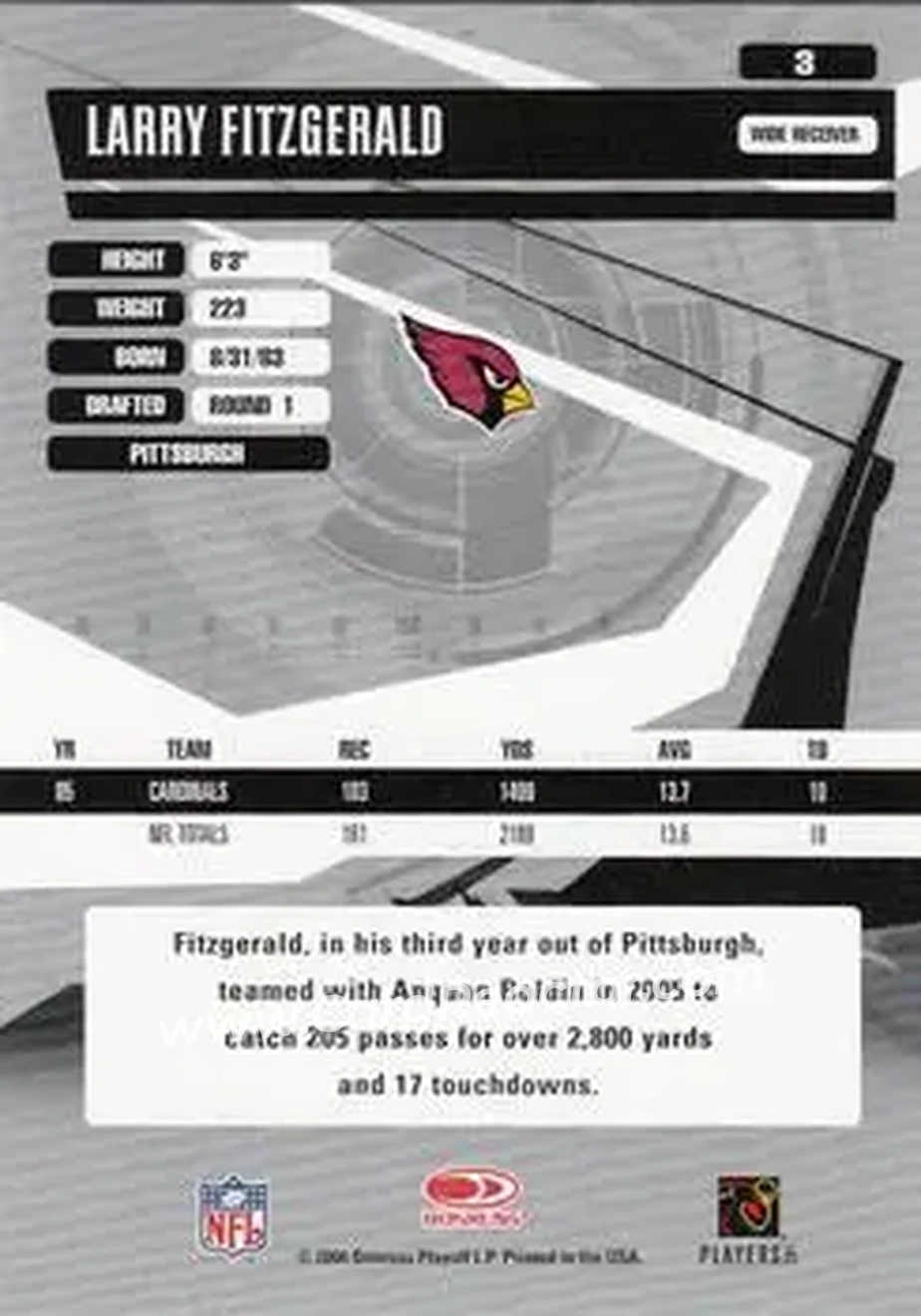 2006 Donruss Elite #3 - Larry Fitzgerald - Arizona Cardinals - Back 2006 Donruss Elite #3 - Larry Fitzgerald - Arizona Cardinals - Back