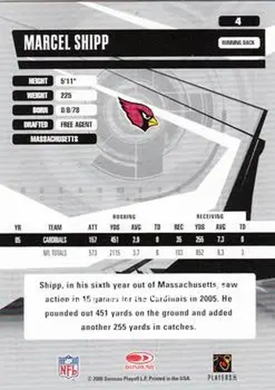 2006 Donruss Elite #4 - Marcel Shipp - Arizona Cardinals - Back