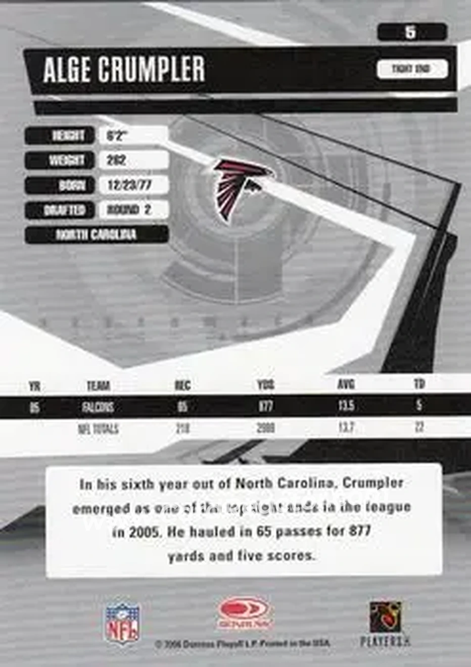 2006 Donruss Elite #5 - Alge Crumpler - Atlanta Falcons - Back