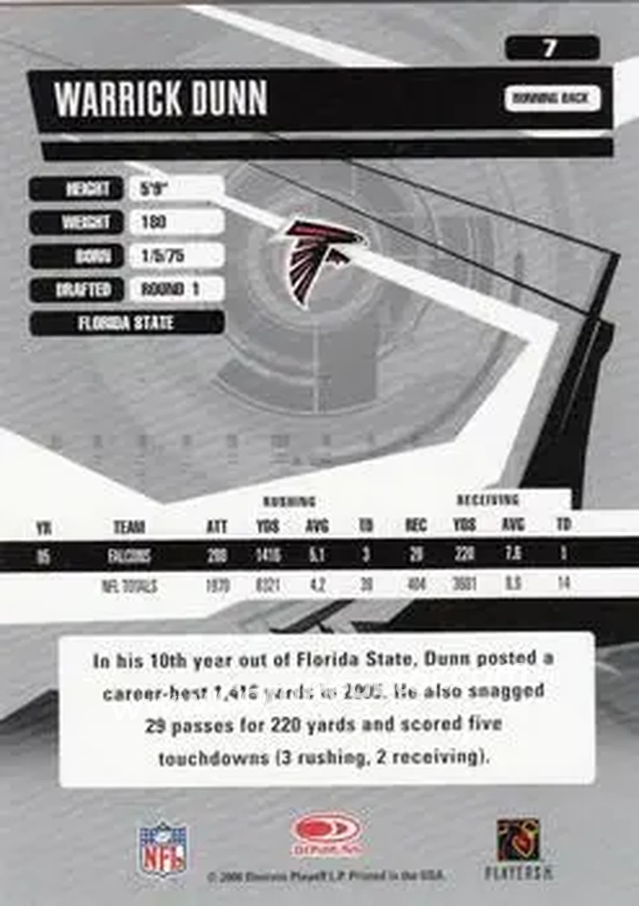 2006 Donruss Elite #7 - Warrick Dunn - Atlanta Falcons - Back