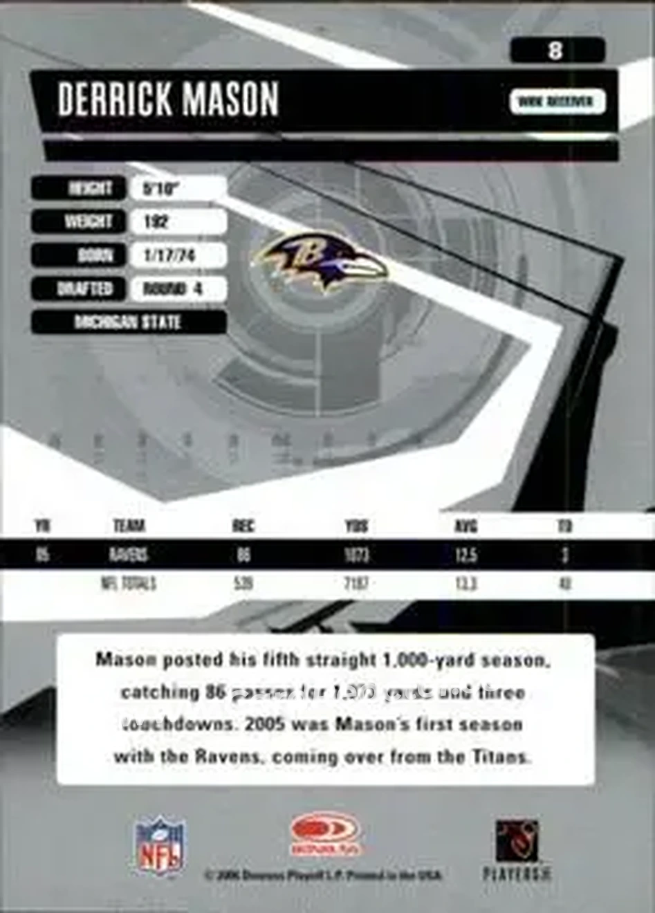 2006 Donruss Elite #8 - Derrick Mason - Baltimore Ravens - Back