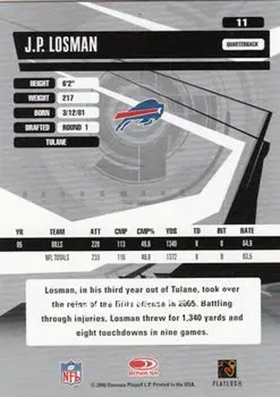 2006 Donruss Elite #11 - J.P. Losman - Buffalo Bills - Back
