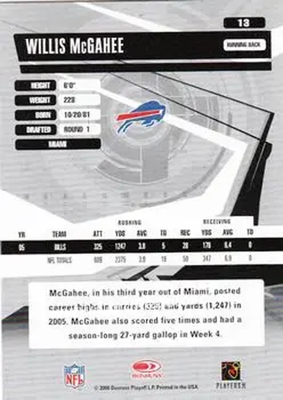 2006 Donruss Elite #13 - Willis McGahee - Buffalo Bills - Back