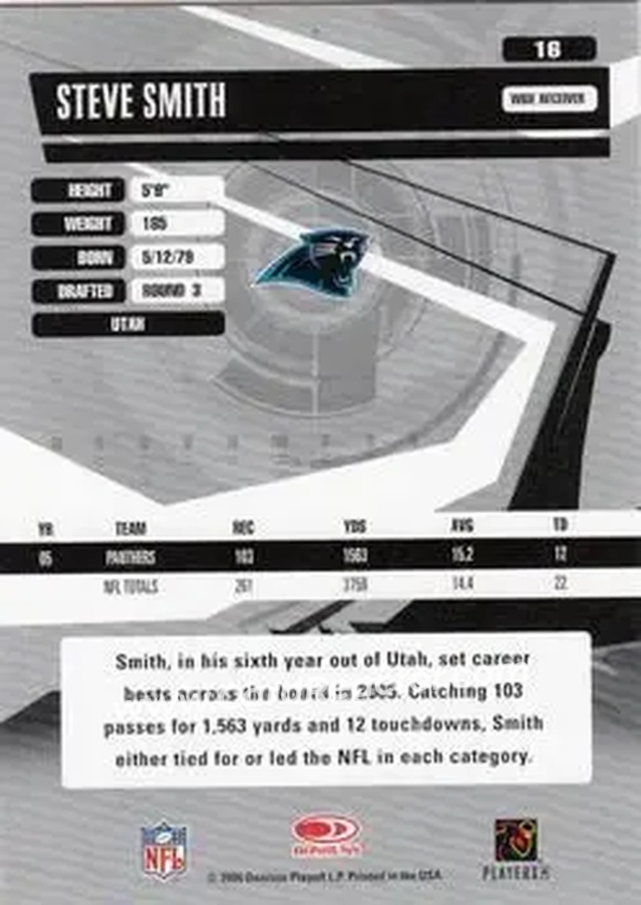 2006 Donruss Elite #16 - Steve Smith Sr. - Carolina Panthers - Back