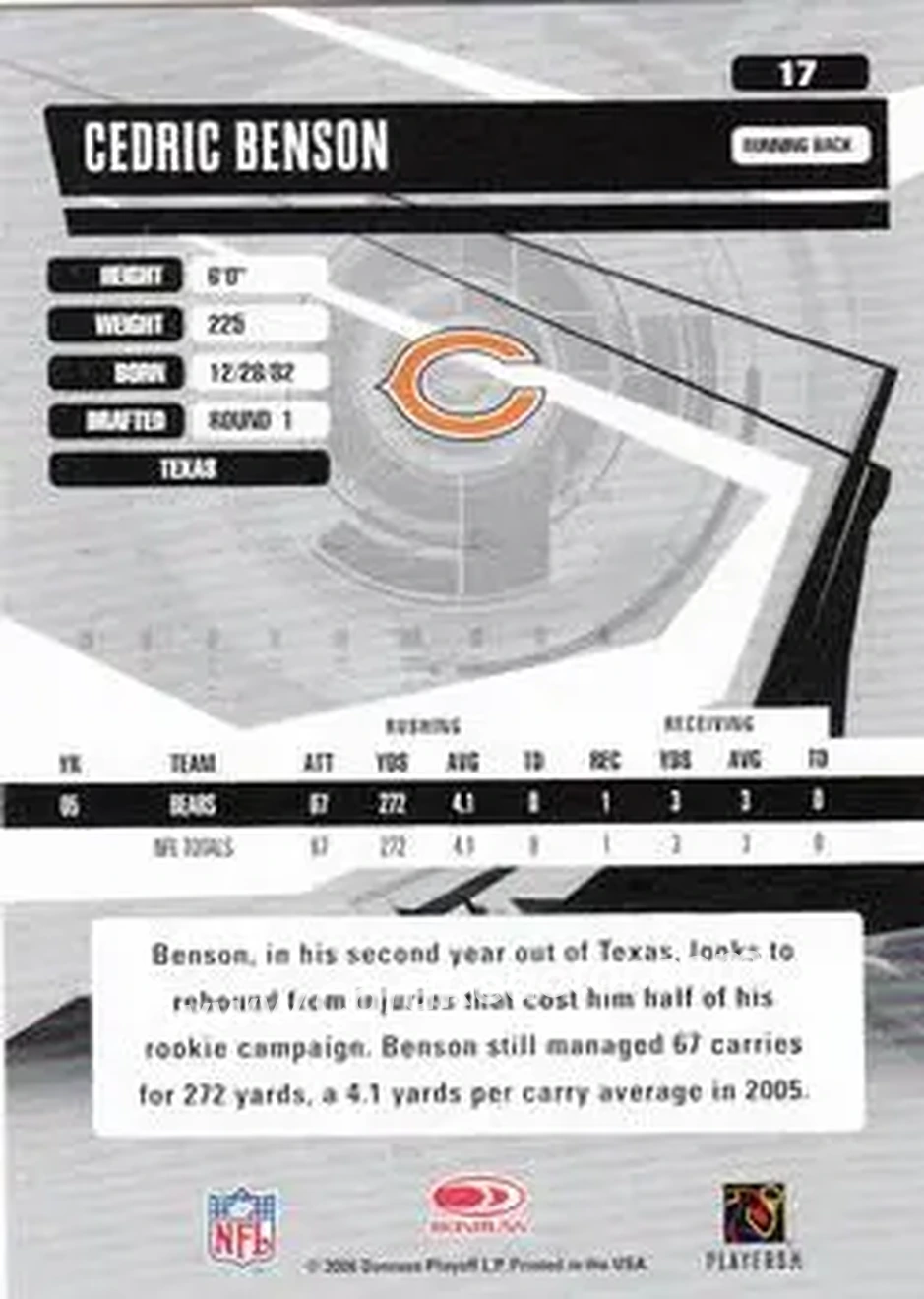 2006 Donruss Elite #17 - Cedric Benson - Chicago Bears - Back