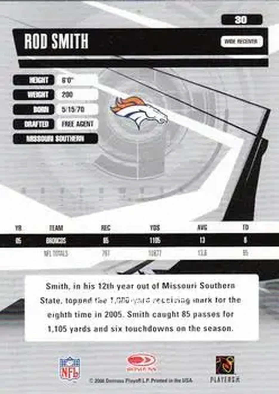 2006 Donruss Elite #30 - Rod Smith - Denver Broncos - Back