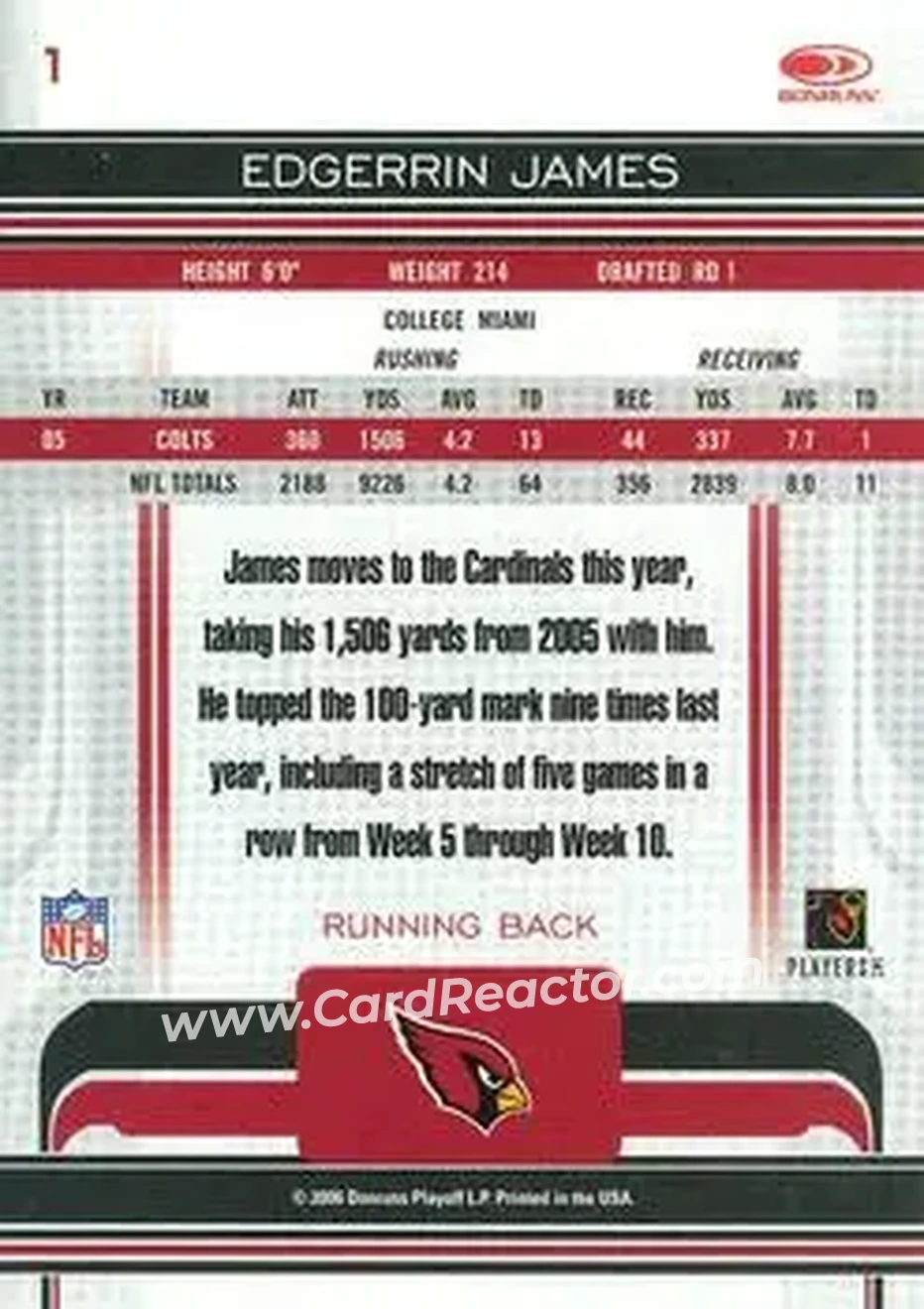 2006 Donruss Gridiron Gear #1 - Edgerrin James - Arizona Cardinals - Back 2006 Donruss Gridiron Gear #1 - Edgerrin James - Arizona Cardinals - Back