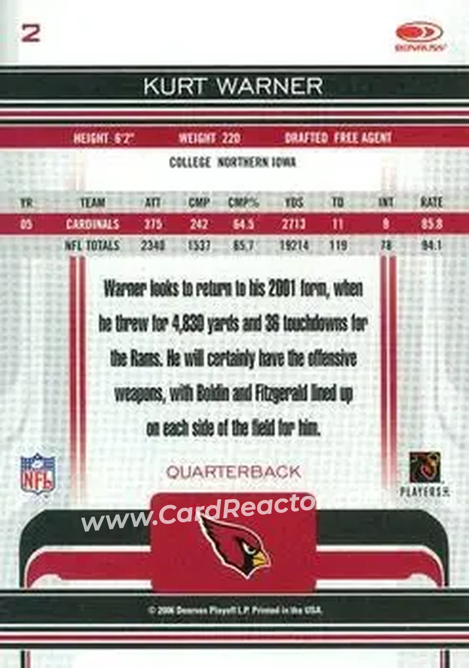 2006 Donruss Gridiron Gear #2 - Kurt Warner - Arizona Cardinals - Back