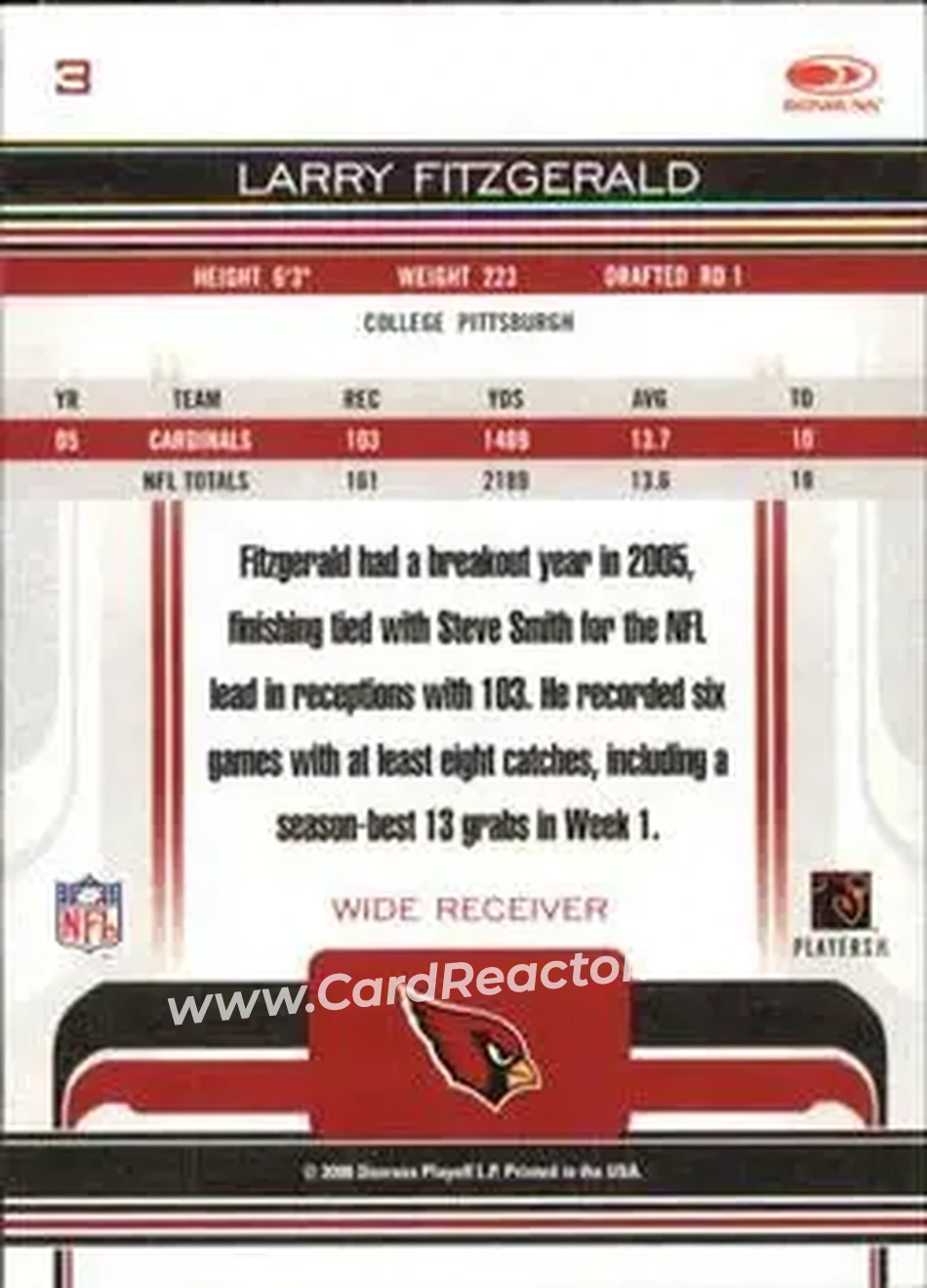 2006 Donruss Gridiron Gear #3 - Larry Fitzgerald - Arizona Cardinals - Back 2006 Donruss Gridiron Gear #3 - Larry Fitzgerald - Arizona Cardinals - Back
