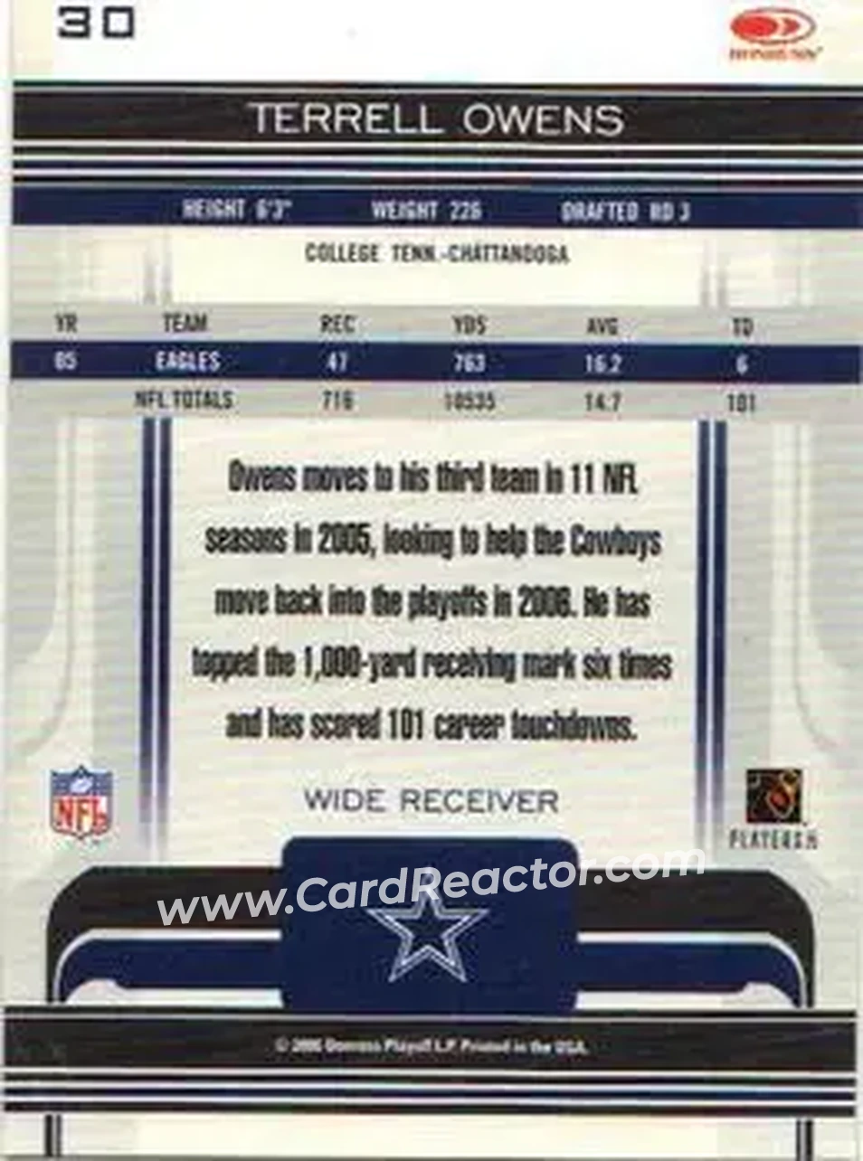 2006 Donruss Gridiron Gear #30 - Terrell Owens - Dallas Cowboys - Back
