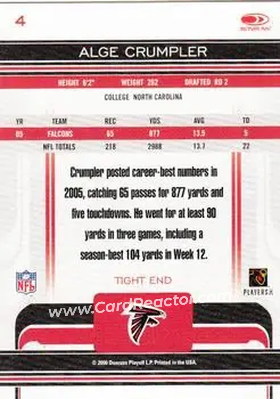 2006 Donruss Gridiron Gear #4 - Alge Crumpler - Atlanta Falcons - Back