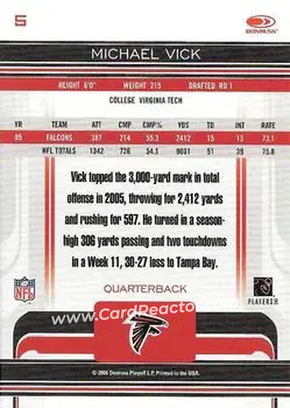 2006 Donruss Gridiron Gear #5 - Michael Vick - Atlanta Falcons - Back