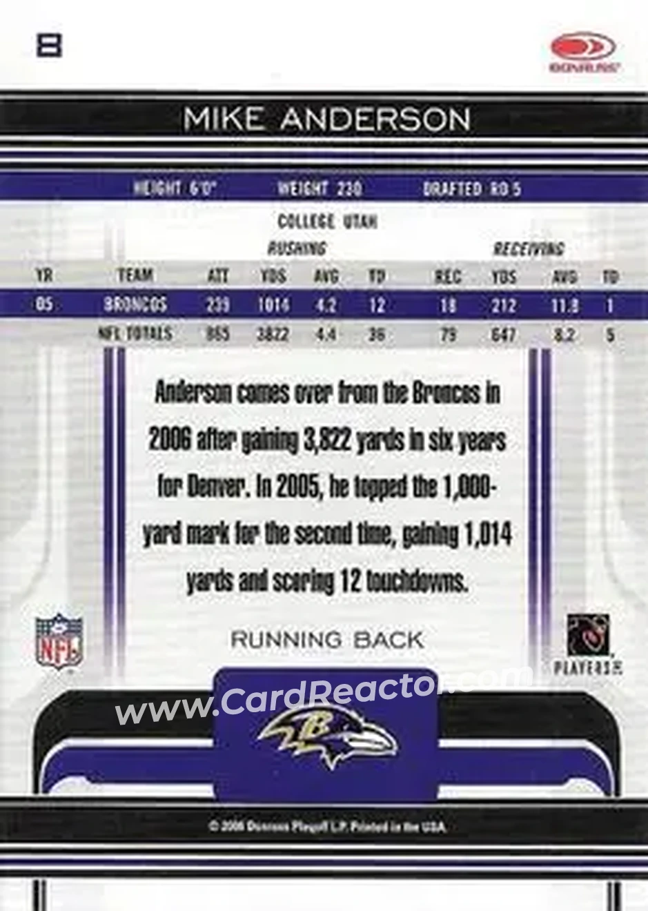2006 Donruss Gridiron Gear #8 - Mike Anderson - Baltimore Ravens - Back