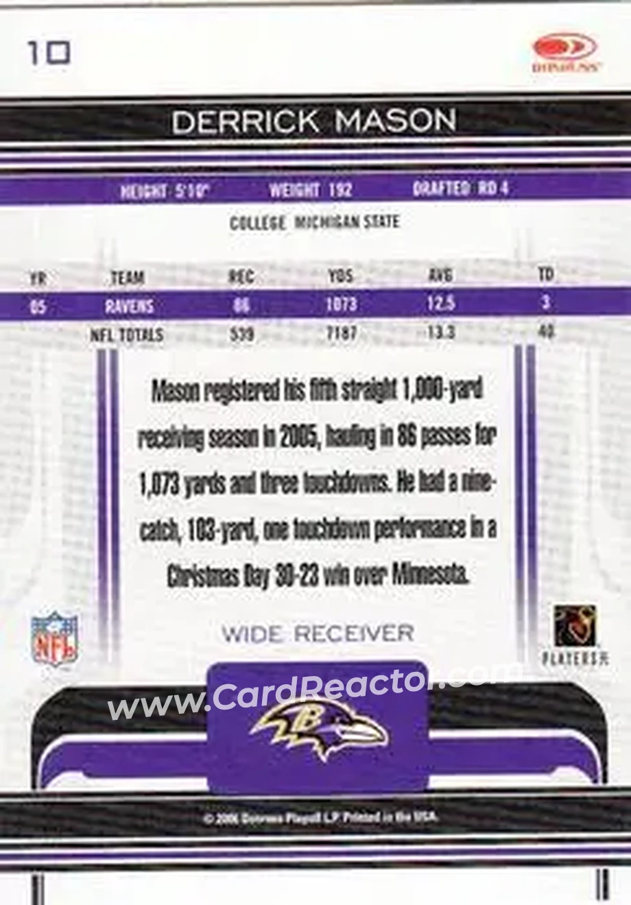2006 Donruss Gridiron Gear #10 - Derrick Mason - Baltimore Ravens - Back