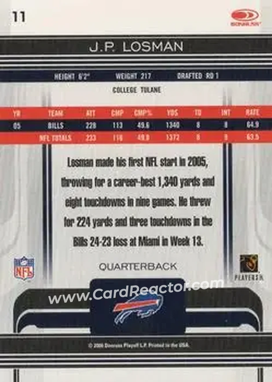 2006 Donruss Gridiron Gear #11 - J.P. Losman - Buffalo Bills - Back