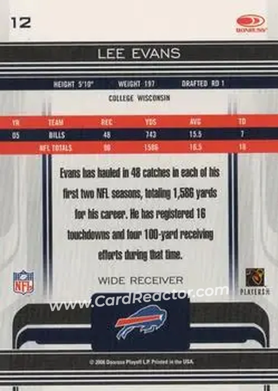 2006 Donruss Gridiron Gear #12 - Lee Evans - Buffalo Bills - Back